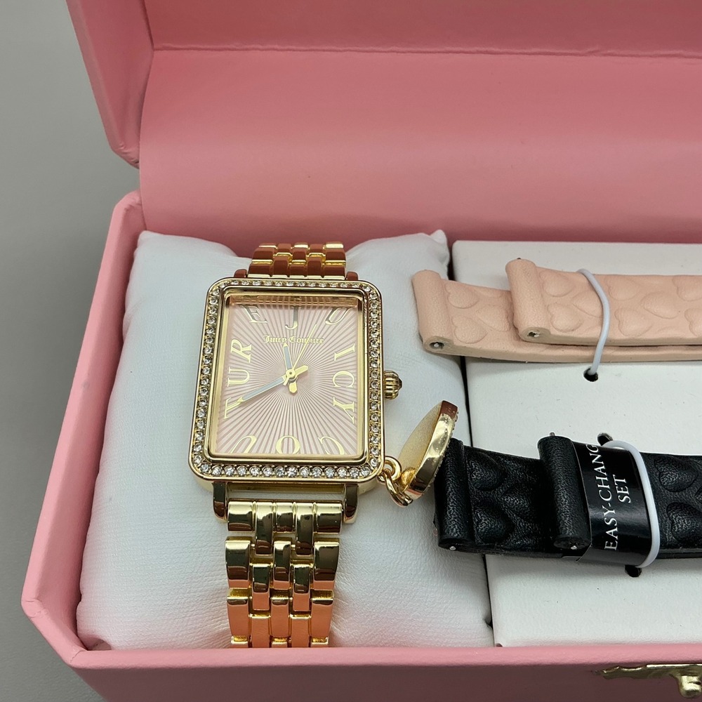 Juicy Couture Womens Watch Gold Tone Rhinestone Pink Dial 2 Extra Bands Box Set - Picture 4 of 8